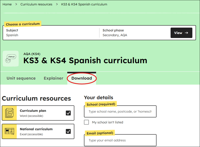 Spanish curriculum download position
