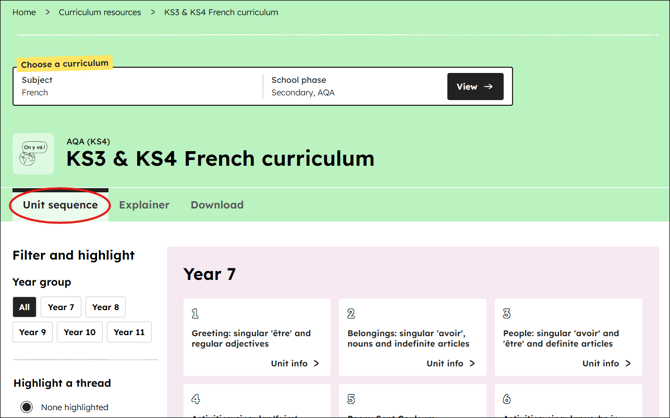 French curriculum unit sequence position