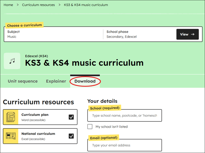 Music curriculum download position