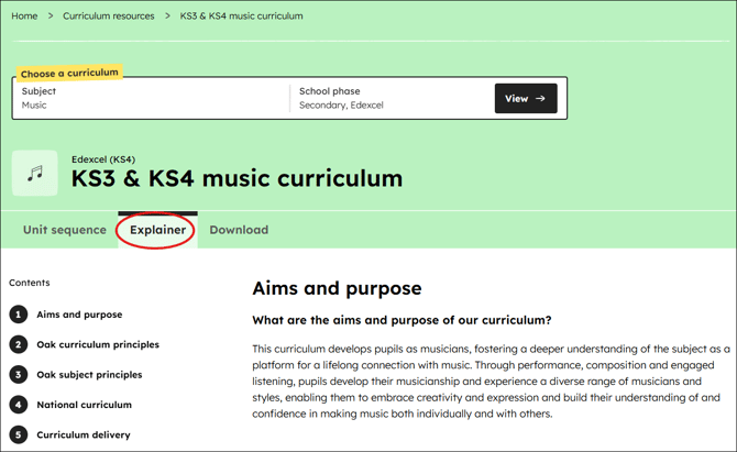 Music curriculum explainer position