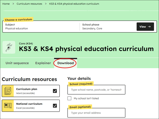 PE curriculum download position
