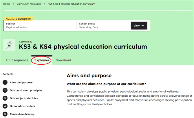 PE curriculum explainer position