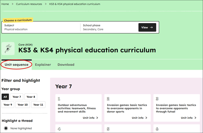 PE curriculum unit sequence position