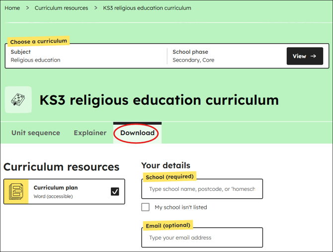 RE curriculum download position