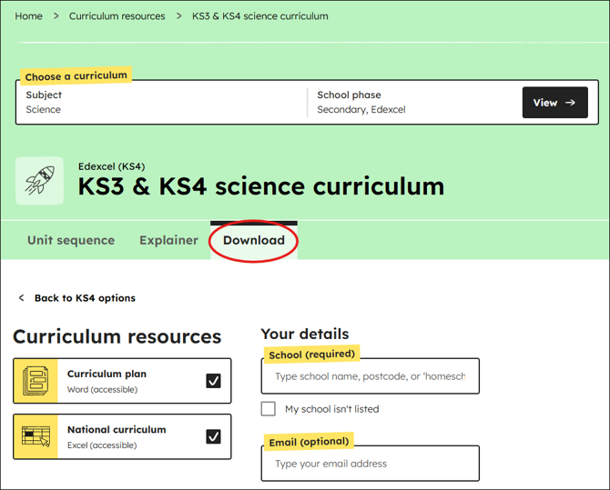 Science curriculum download position