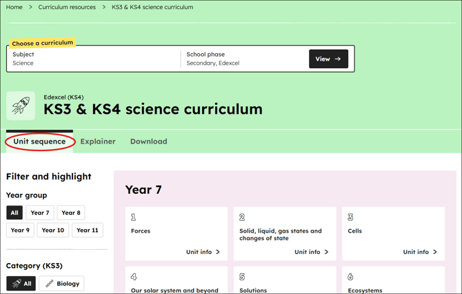 Science curriculum unit sequence position
