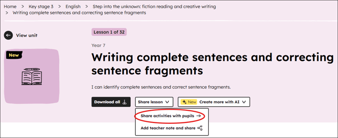 Location of Share activities with pupils button on a lesson page