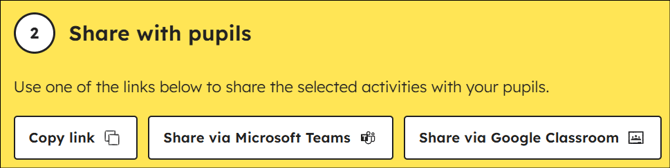 Ways to share lesson activities with pupils - Copy link, Share via Microsoft Teams, Share via Google Classroom.