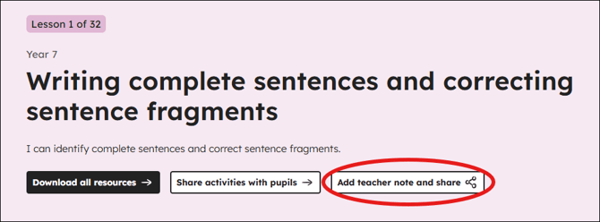 Position of Add teacher note and share button on a lesson page.