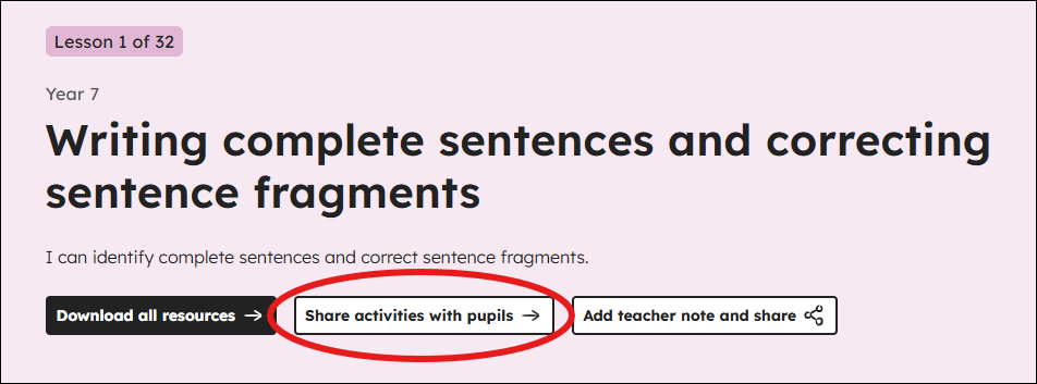 Position of Share activities with pupils button on a lesson page