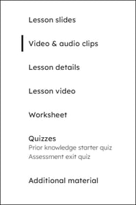 Video and audio clips navigation position in the side navigation car on a lesson page.